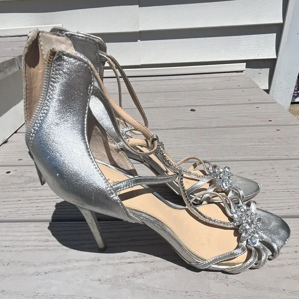 Jewel Badgley Mischka Silver Strappy Crystal Open Toe Stiletto Zip Heel US 10